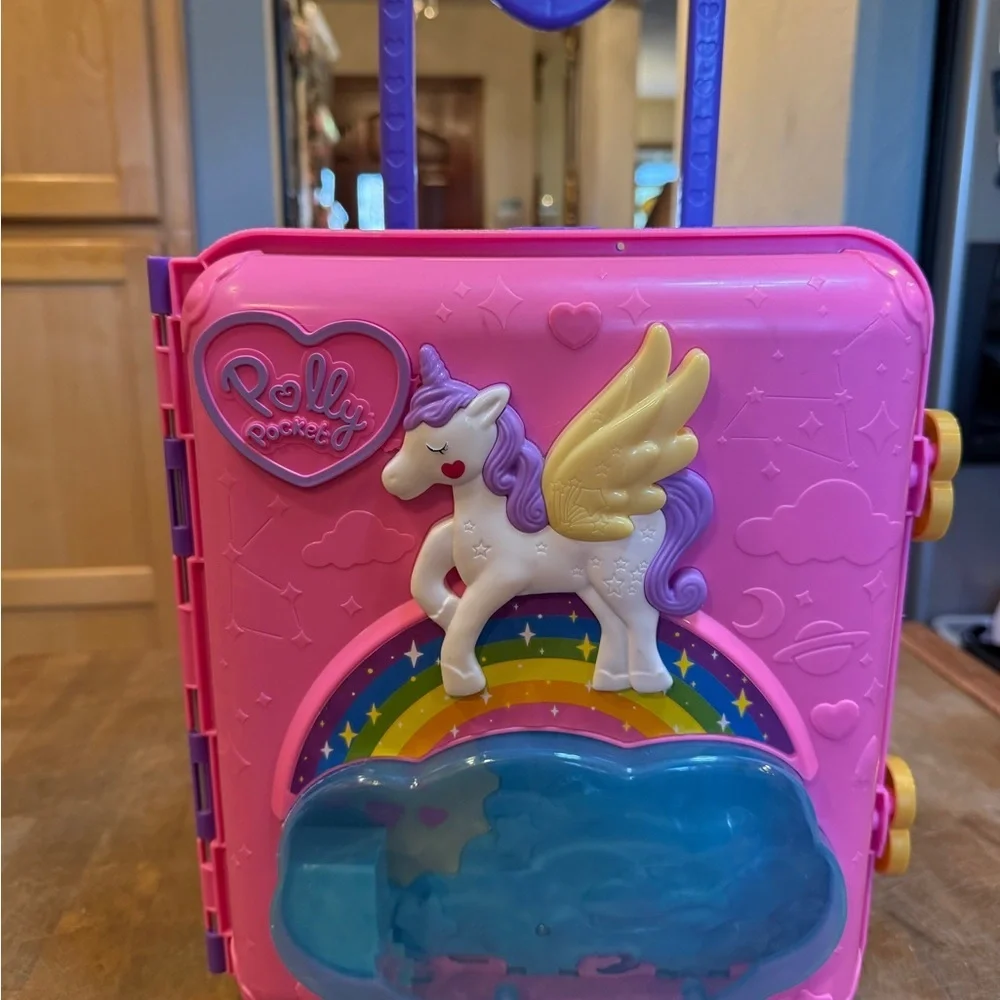 Mattel Pink Polly Pocket Unicorn Party Rolling Case Resort with Purple Handle